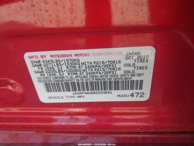 Продажа на аукционе авто 2011 Mitsubishi Outlander Sport Es, vin: JA4AP3AU6BZ003691, номер лота: 44639531