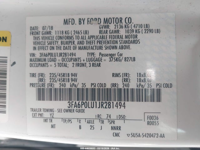 3FA6P0LU1JR281494 Ford Fusion Hybrid Se