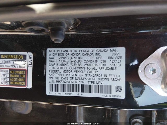 Honda Cr-v Awd Ex-l 2021 2HKRW2H89MH637537 Image 9