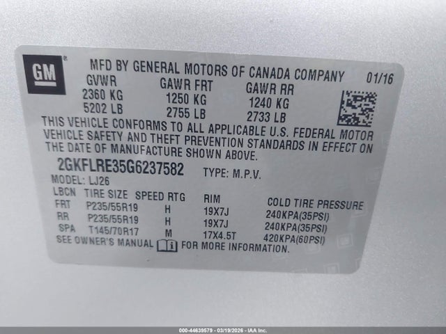 Aukcja sprzedaży 2016 Gmc Terrain Denali, vin: 2GKFLRE35G6237582, numer aukcji: 44639579