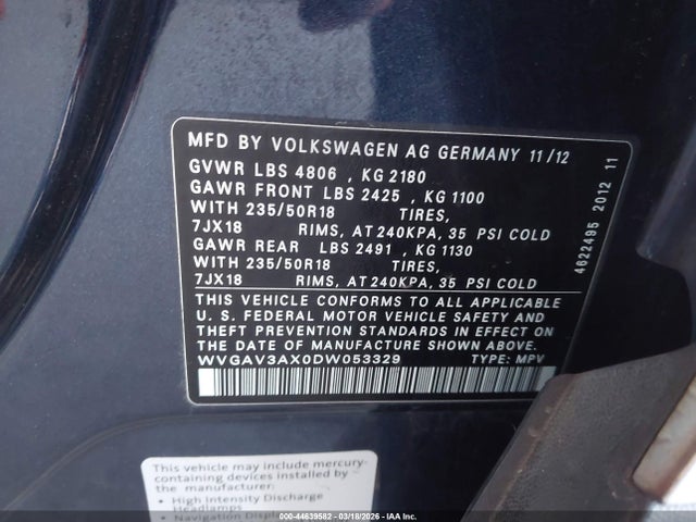 44639582 :رقم المزاد ، WVGAV3AX0DW053329 vin ، 2013 Volkswagen Tiguan Se مزاد بيع
