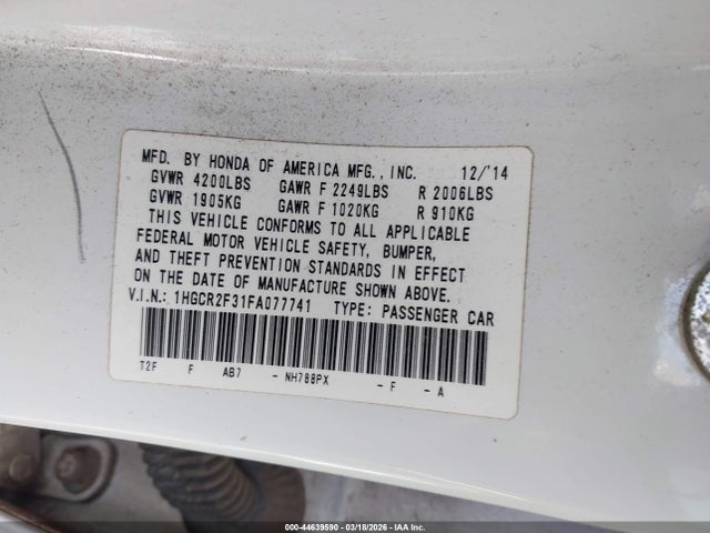 44639590 :رقم المزاد ، 1HGCR2F31FA077741 vin ، 2015 Honda Accord Lx مزاد بيع
