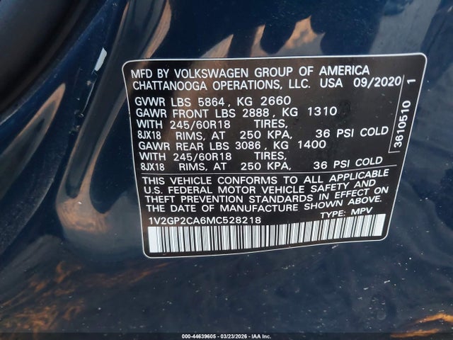 44639605 :رقم المزاد ، 1V2GP2CA6MC528218 vin ، 2021 Volkswagen Atlas 2.0t S مزاد بيع