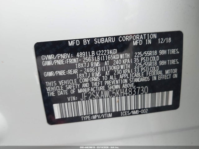 Продаж на аукціоні авто 2019 Subaru Forester Touring, vin: JF2SKAWC5KH483730, номер лоту: 44639619