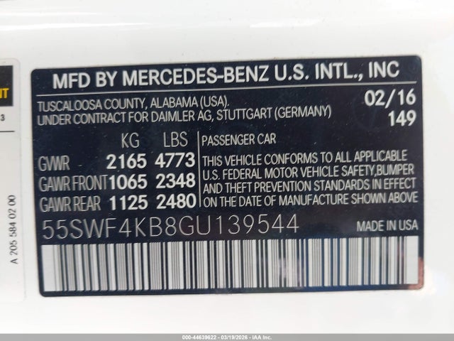 44639622 :رقم المزاد ، 55SWF4KB8GU139544 vin ، 2016 Mercedes-benz C 300 4matic مزاد بيع