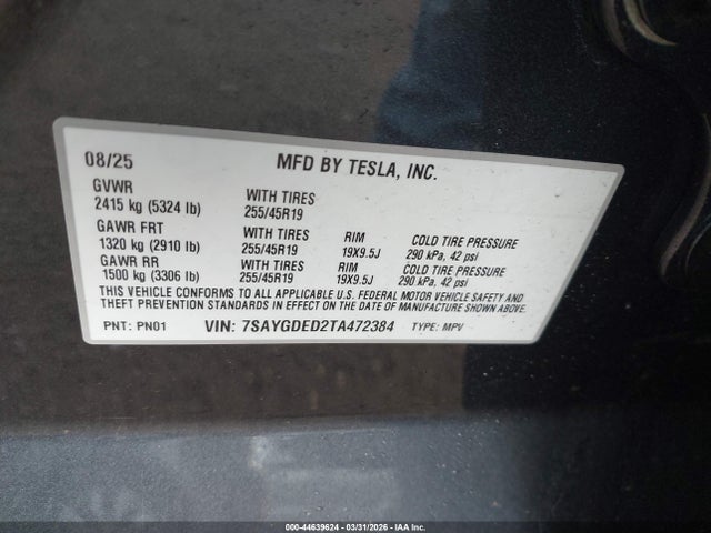 Продажа на аукционе авто 2026 Tesla Model Y Premium Rear-wheel Drive/standard Rear-wheel Drive, vin: 7SAYGDED2TA472384, номер лота: 44639624