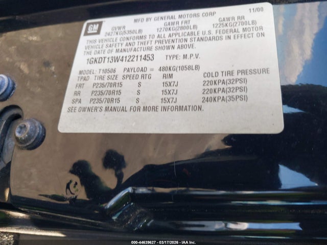 44639627 :رقم المزاد ، 1GKDT13W412211453 vin ، 2001 Gmc Jimmy Sle مزاد بيع