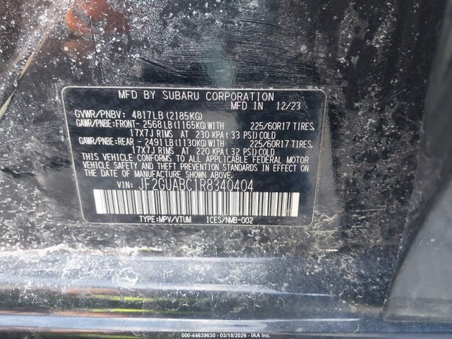 44639630 :رقم المزاد ، JF2GUABC1R8340404 vin ، 2024 Subaru Crosstrek مزاد بيع