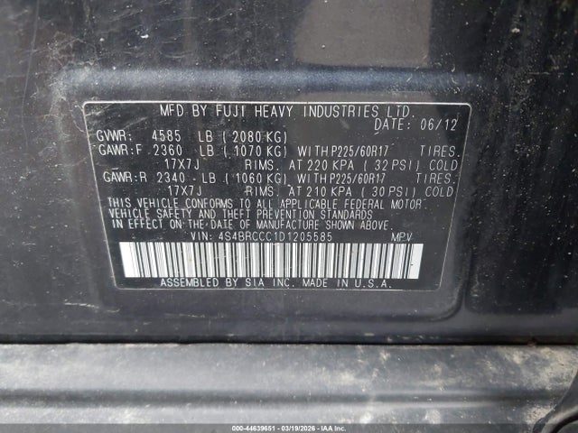 44639651 :رقم المزاد ، 4S4BRCCC1D1205585 vin ، 2013 Subaru Outback 2.5i Premium مزاد بيع