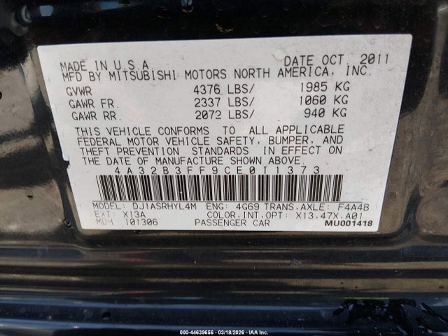 Продаж на аукціоні авто 2012 Mitsubishi Galant Es/se, vin: 4A32B3FF9CE011373, номер лоту: 44639656