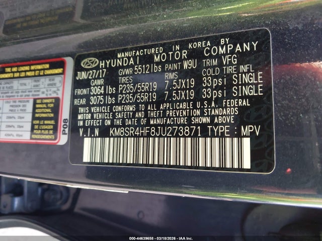 2018 HYUNDAI SANTA FE KM8SR4HF8JU273871 Photo 8