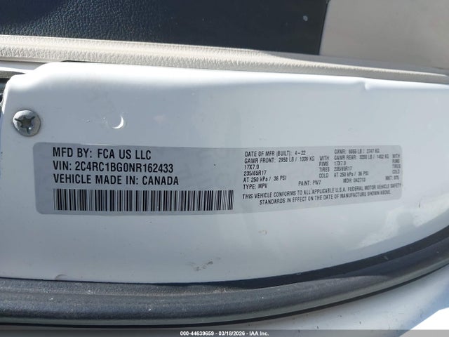 Продаж на аукціоні авто 2022 Chrysler Pacifica Touring L, vin: 2C4RC1BG0NR162433, номер лоту: 44639659