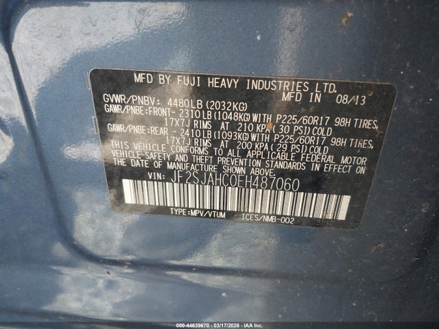44639670 :رقم المزاد ، JF2SJAHC0EH487060 vin ، 2014 Subaru Forester 2.5i Limited مزاد بيع