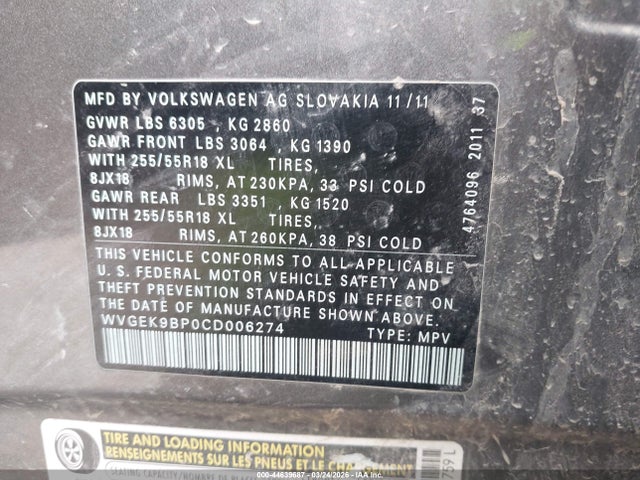2012 Volkswagen Touareg Tdi Sport მანქანა იყიდება აუქციონზე, vin: WVGEK9BP0CD006274, აუქციონის ნომერი: 44639687