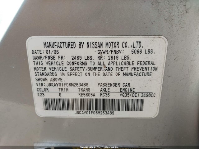 Aukcja sprzedaży 2006 Infiniti M35x, vin: JNKAY01F06M263489, numer aukcji: 44639689