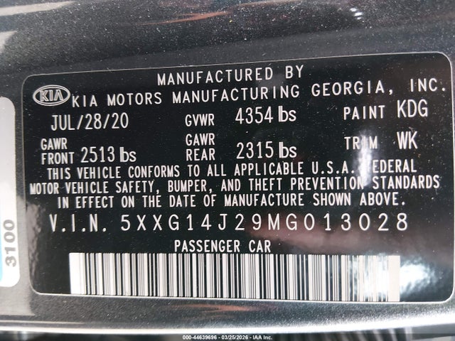 Aukcja sprzedaży 2021 Kia K5 Lxs, vin: 5XXG14J29MG013028, numer aukcji: 44639696
