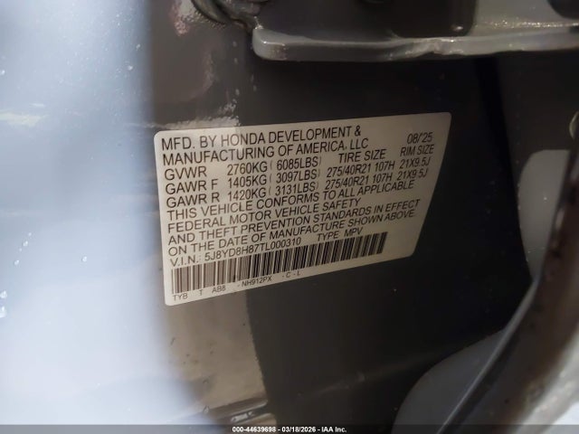 Aukcja sprzedaży 2026 Acura Mdx Type S Advance Package, vin: 5J8YD8H87TL000310, numer aukcji: 44639698