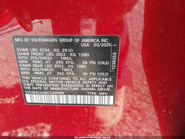 Aukcja sprzedaży 2025 Volkswagen Atlas Cross Sport 2.0t Se W/technology, vin: 1V2JE2CA3SC220349, numer aukcji: 44639710