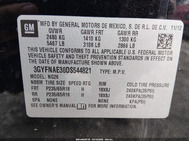 44639720 :رقم المزاد ، 3GYFNAE30DS544821 vin ، 2013 Cadillac Srx Standard مزاد بيع