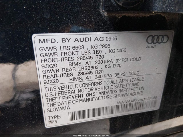 44639722 :رقم المزاد ، WA1VAAF77HD029569 vin ، 2017 Audi Q7 3.0t Premium مزاد بيع