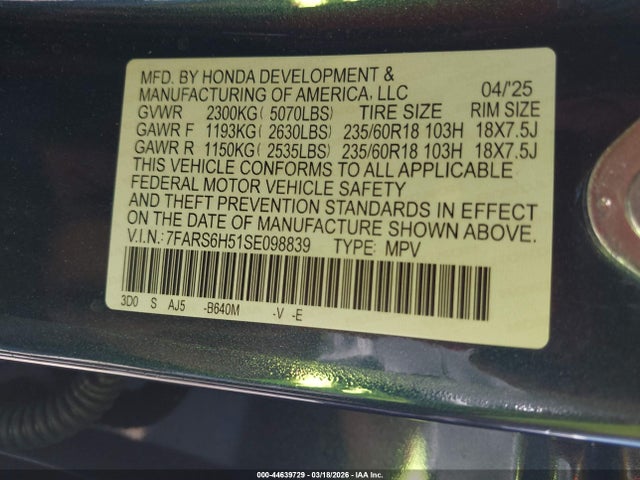 2025 Honda Cr-v Hybrid Sport მანქანა იყიდება აუქციონზე, vin: 7FARS6H51SE098839, აუქციონის ნომერი: 44639729