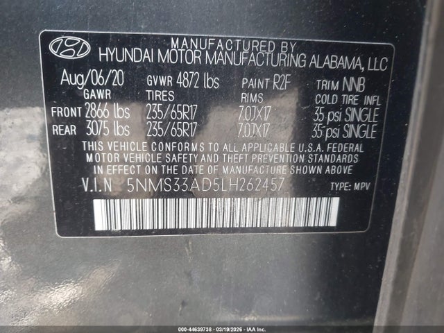 2020 Hyundai Santa Fe Sel მანქანა იყიდება აუქციონზე, vin: 5NMS33AD5LH262457, აუქციონის ნომერი: 44639738