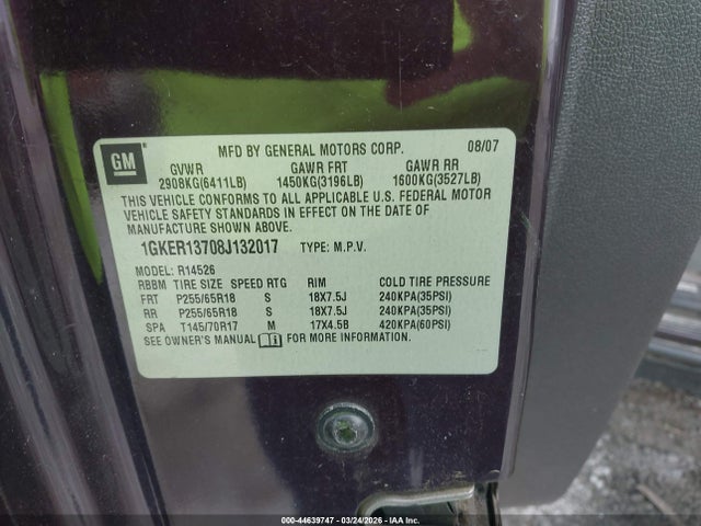 Aukcja sprzedaży 2008 Gmc Acadia Sle-1, vin: 1GKER13708J132017, numer aukcji: 44639747