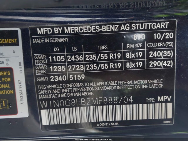 Продаж на аукціоні авто 2021 Mercedes-benz Glc 300 4matic Suv, vin: W1N0G8EB2MF888704, номер лоту: 44639753