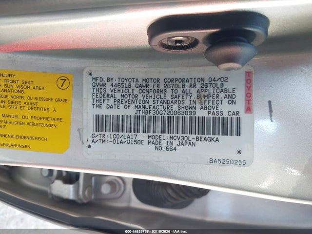 44639757 :رقم المزاد ، JTHBF30G720063099 vin ، 2002 Lexus Es 300 مزاد بيع