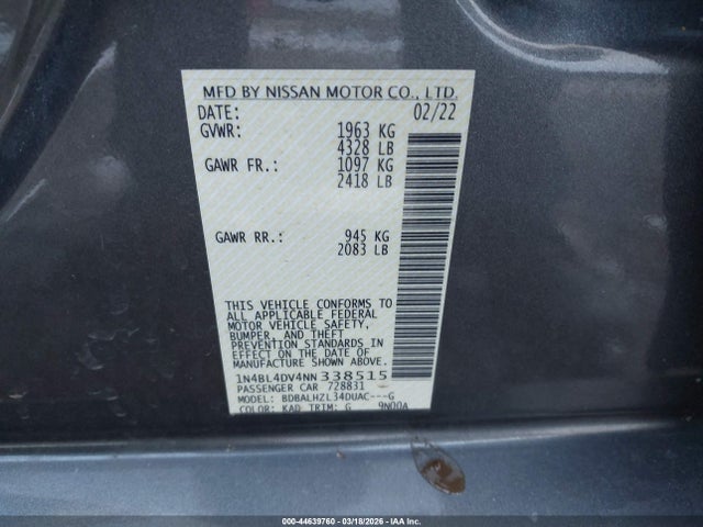 Продажа на аукционе авто 2022 Nissan Altima Sv Fwd, vin: 1N4BL4DV4NN338515, номер лота: 44639760