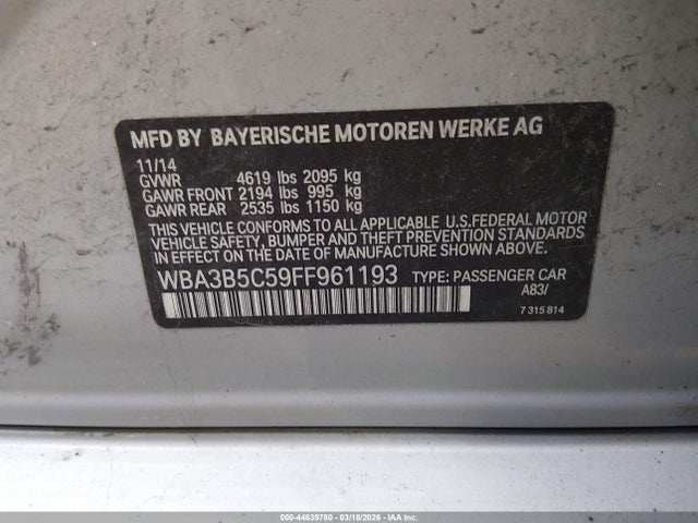 44639780 :رقم المزاد ، WBA3B5C59FF961193 vin ، 2015 Bmw 328i Xdrive مزاد بيع