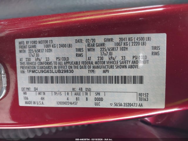 Auction sale of the 2020 Ford Escape Se, vin: 1FMCU9G63LUB29830, lot number: 44639794