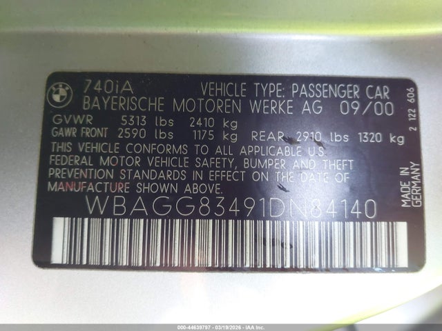 Продаж на аукціоні авто 2001 Bmw 740ia, vin: WBAGG83491DN84140, номер лоту: 44639797