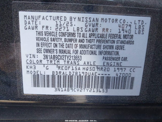 2026 Nissan Sentra Sv მანქანა იყიდება აუქციონზე, vin: 3N1AB9CV2TY213653, აუქციონის ნომერი: 44639799