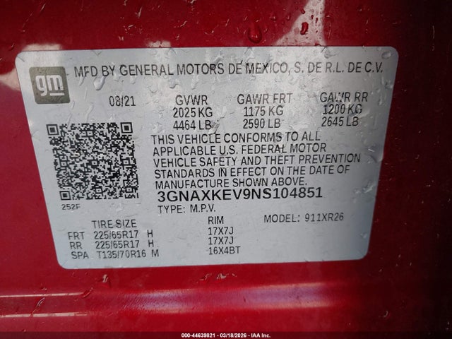 3GNAXKEV9NS104851 Chevrolet Equinox Fwd Lt