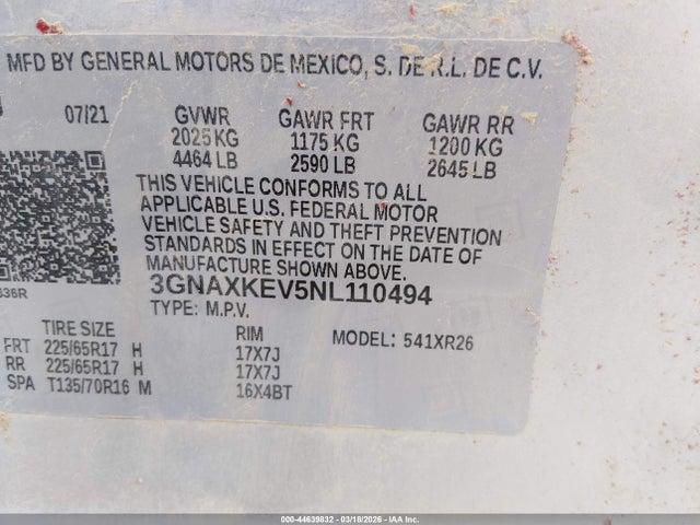 44639832 :رقم المزاد ، 3GNAXKEV5NL110494 vin ، 2022 Chevrolet Equinox Fwd Lt مزاد بيع