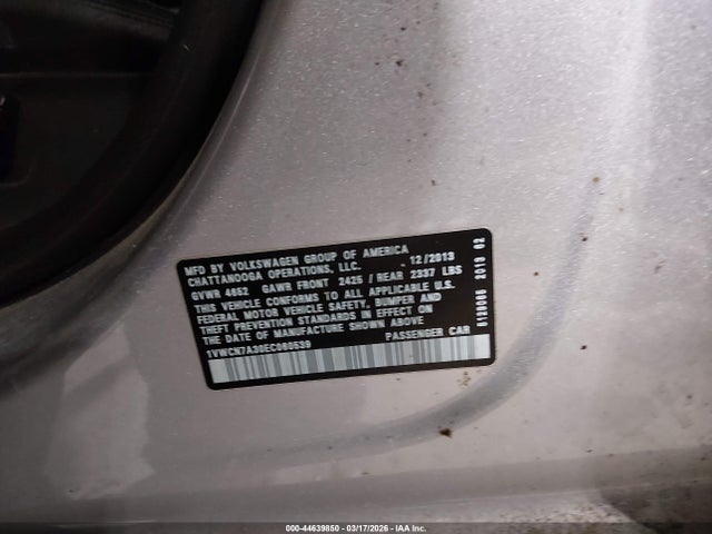 Aukcja sprzedaży 2014 Volkswagen Passat 2.0l Tdi Sel Premium, vin: 1VWCN7A30EC060539, numer aukcji: 44639850