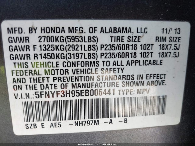 Honda Pilot Touring 2014 5FNYF3H95EB006441 Image 9