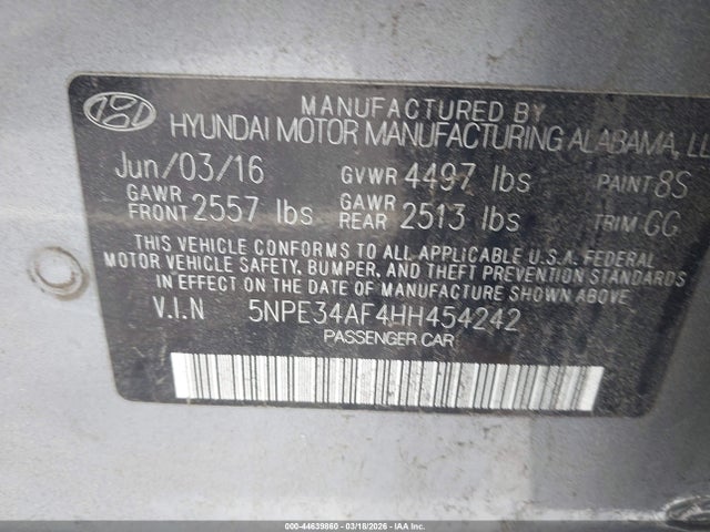 44639860 :رقم المزاد ، 5NPE34AF4HH454242 vin ، 2017 Hyundai Sonata Limited مزاد بيع