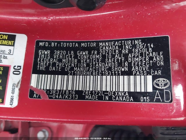 Toyota COROLLA LE 2014 2T1BURHE8EC193111 Image 9