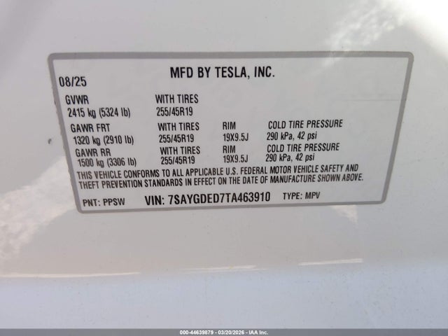 Aukcja sprzedaży 2026 Tesla Model Y Premium Rear-wheel Drive/standard Rear-wheel Drive, vin: 7SAYGDED7TA463910, numer aukcji: 44639879