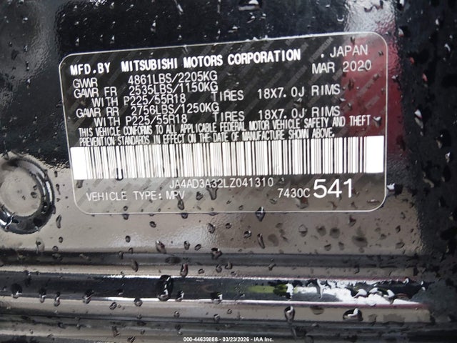 Aukcja sprzedaży 2020 Mitsubishi Outlander Le 2.4/se 2.4/sel 2.4/sp 2.4, vin: JA4AD3A32LZ041310, numer aukcji: 44639888