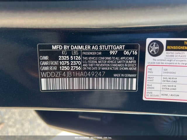 44639898 :رقم المزاد ، WDDZF4JB1HA049247 vin ، 2017 Mercedes-benz E 300 مزاد بيع