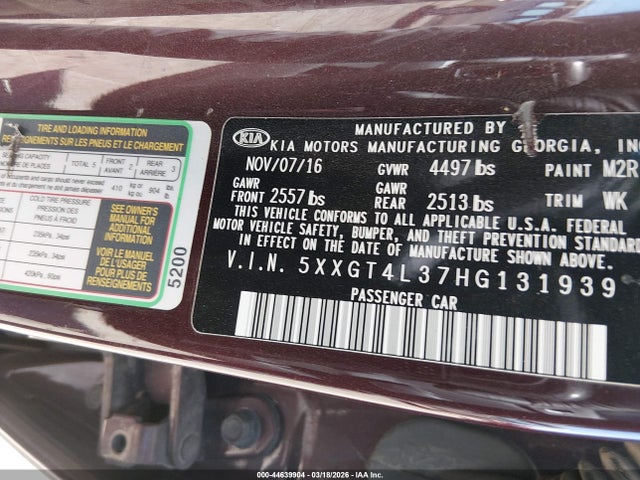 44639904 :رقم المزاد ، 5XXGT4L37HG131939 vin ، 2017 Kia Optima Lx مزاد بيع