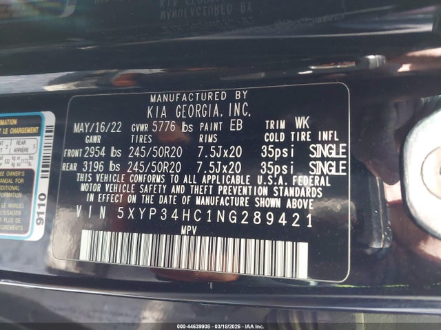 Aukcja sprzedaży 2022 Kia Telluride Ex, vin: 5XYP34HC1NG289421, numer aukcji: 44639908