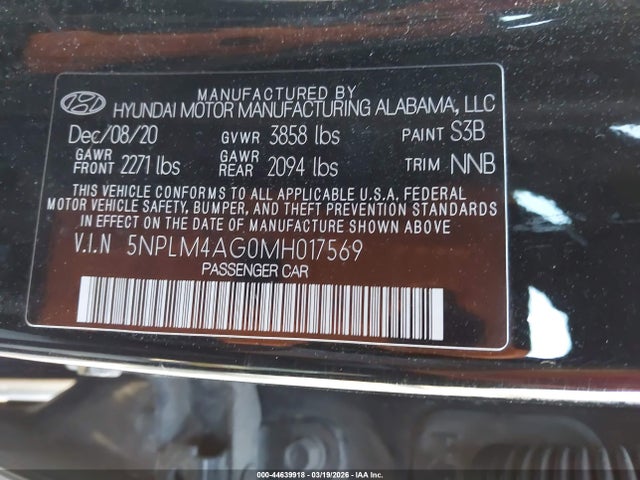 44639918 :رقم المزاد ، 5NPLM4AG0MH017569 vin ، 2021 Hyundai Elantra Sel مزاد بيع