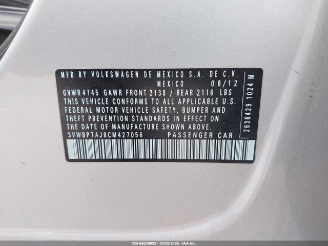44639925 :رقم المزاد ، 3VWBP7AJ8CM427056 vin ، 2012 Volkswagen Jetta 2.5l Se مزاد بيع