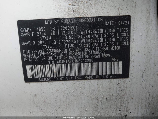 Продаж на аукціоні авто 2021 Subaru Outback Premium, vin: 4S4BTAFC1M3213286, номер лоту: 44639932