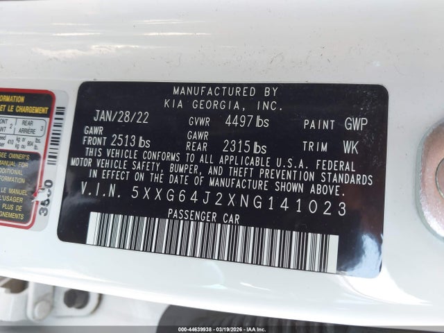 Продажа на аукционе авто 2022 Kia K5 Gt-line, vin: 5XXG64J2XNG141023, номер лота: 44639938