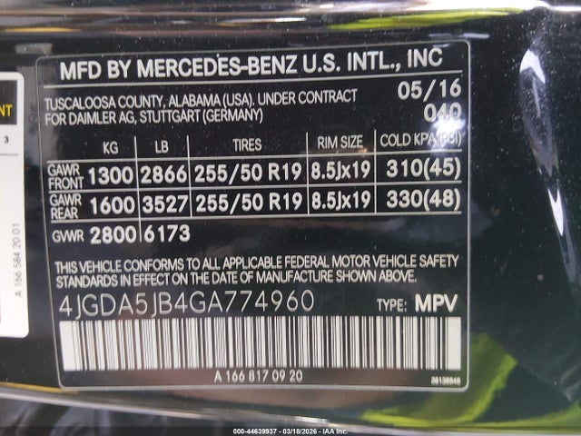 Aukcja sprzedaży 2016 Mercedes-benz Gle 350, vin: 4JGDA5JB4GA774960, numer aukcji: 44639937